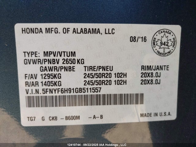 5FNYF6H91GB511557 Honda j35y6