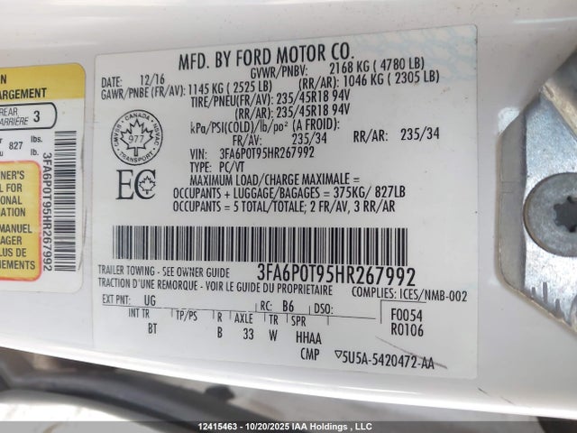 3FA6P0T95HR267992 Ford 2.0l gtdi premium fuel