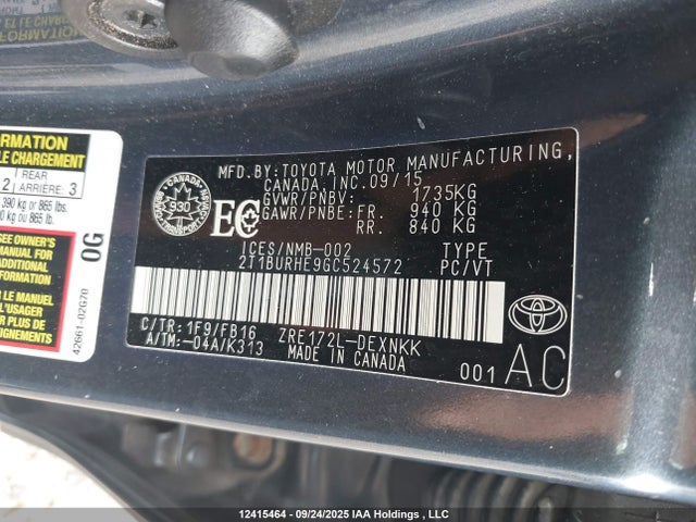 2T1BURHE9GC524572 Toyota 2zr-fe