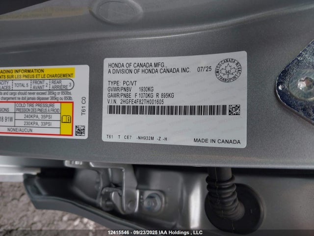 Honda lfc3 2026 2HGFE4F82TH001605 Image 9