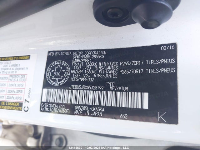 Toyota 1gr-fe 2016 JTEBU5JRXG5328199 Image 9
