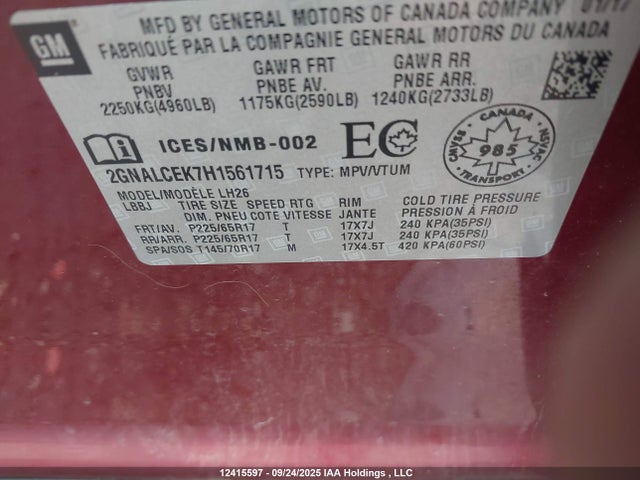 2GNALCEK7H1561715 Chevrolet lea - sidi: spark ignited direct injection, e85 max, alum