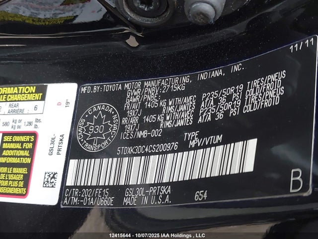 Aukcja sprzedaży 2012 Toyota Sienna Se 8 Passenger, vin: 5TDXK3DC4CS200976, numer aukcji: 12415644