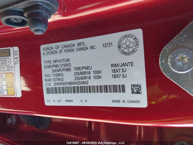 2HKRW2H86NH204842 Honda l15be
