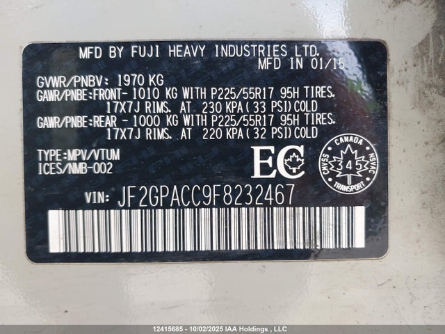 JF2GPACC9F8232467 Subaru 2.0l naturally aapirated