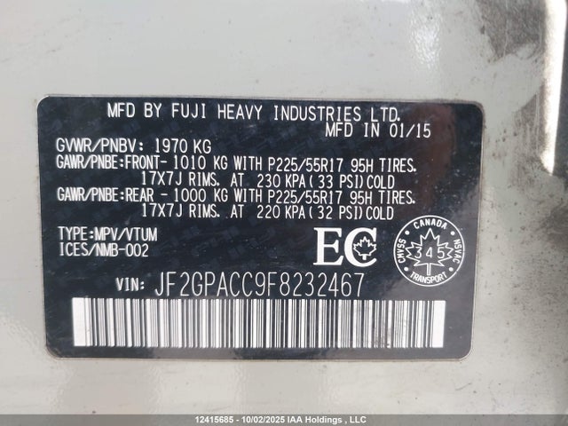 JF2GPACC9F8232467 Subaru 2.0l naturally aapirated