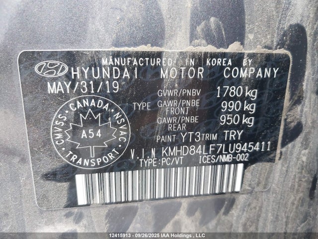 12415913 :رقم المزاد ، KMHD84LF7LU945411 vin ، 2020 Hyundai Elantra Sel/value/limited مزاد بيع