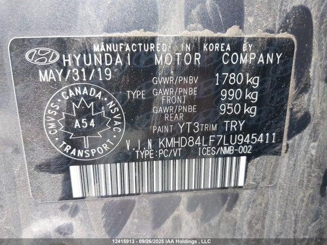 12415913 :رقم المزاد ، KMHD84LF7LU945411 vin ، 2020 Hyundai Elantra Sel/value/limited مزاد بيع