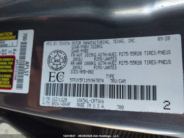 12415937 :رقم المزاد ، 5TFUY5F11MX967074 vin ، 2021 Toyota Tundra Double Cab Sr/double Cab Sr5/double Cab Trd Pro مزاد بيع