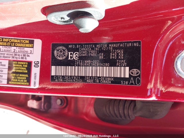 2T1BURHE1HC814290 Toyota 2zr-fe