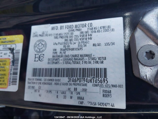 2018 Ford Fusion Se მანქანა იყიდება აუქციონზე, vin: 3FA6P0T94JR105695, აუქციონის ნომერი: 12415947