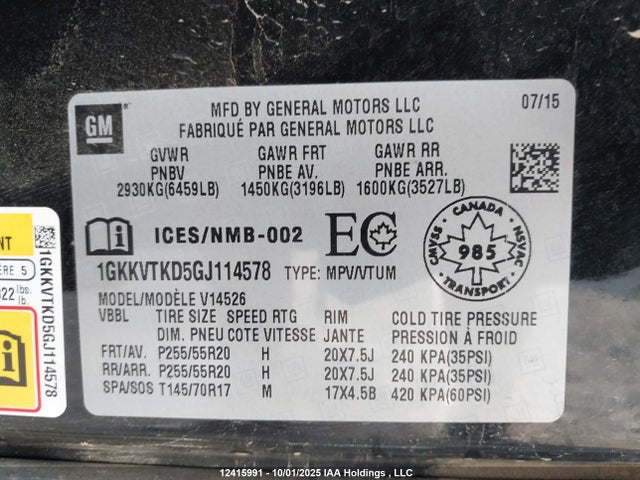GMC llt - sidi, alum, 60 degrees 2016 1GKKVTKD5GJ114578 Image 9