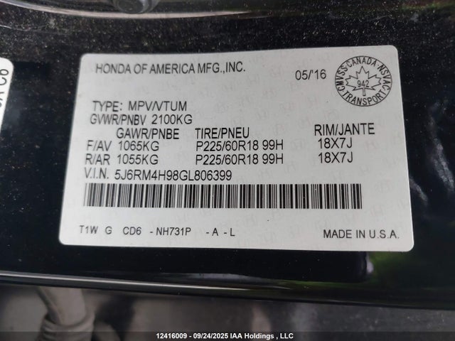 Honda k24w9 2016 5J6RM4H98GL806399 Image 9