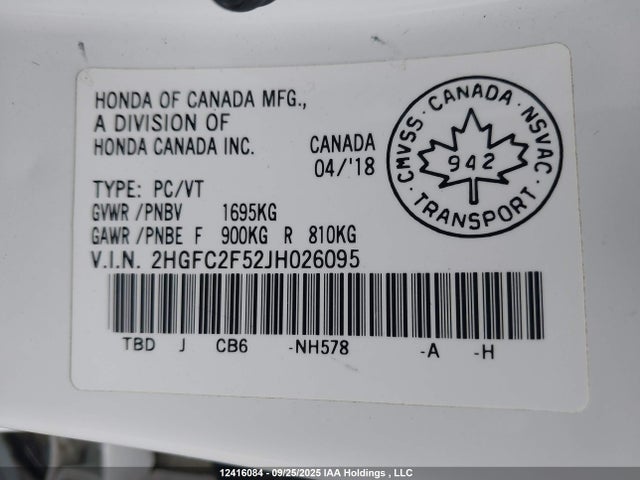 Honda k20c2 2018 2HGFC2F52JH026095 Image 9