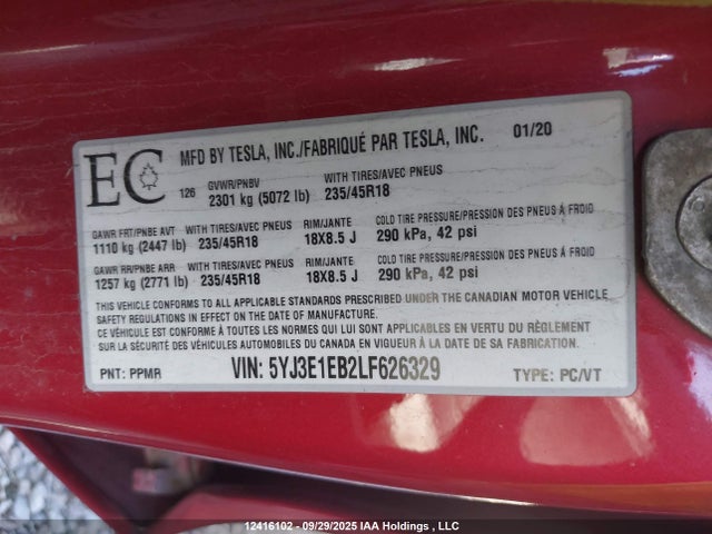 5YJ3E1EB2LF626329 Tesla Model 3 Long Range