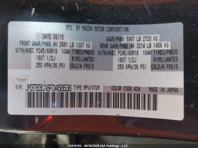 Mazda cav federal/canada 2015 JM3TB3CA8F0468538 Image 9