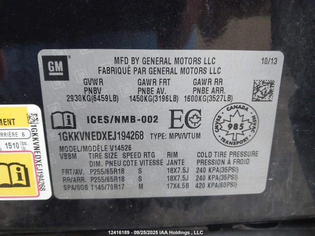 1GKKVNEDXEJ194268 GMC llt