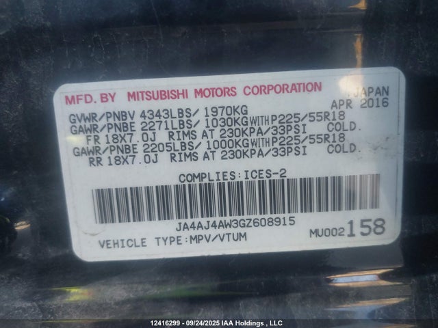 Mitsubishi dohc mivec 2016 JA4AJ4AW3GZ608915 Image 18