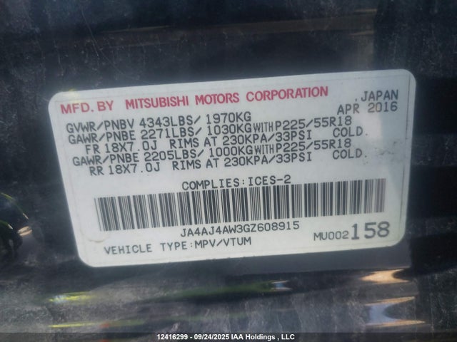 Mitsubishi dohc mivec 2016 JA4AJ4AW3GZ608915 Image 9