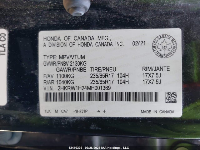 2HKRW1H24MH001369 Honda CR-V LX