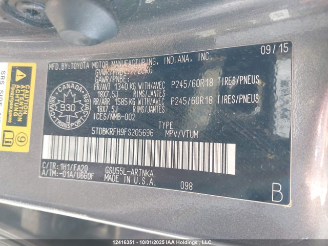 Toyota 2gr-fe 2015 5TDBKRFH9FS205696 Image 9