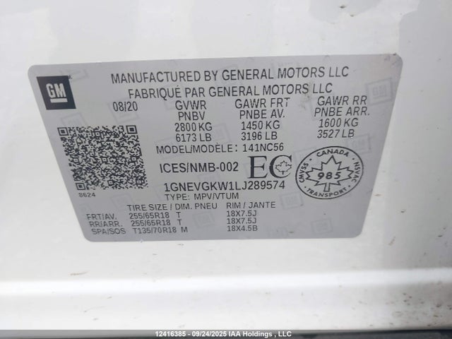 1GNEVGKW1LJ289574 Chevrolet lfy - spark ignited direct injection, atss, gen 1