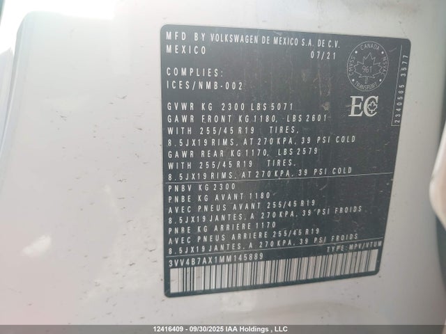 3VV4B7AX1MM145889 Volkswagen Tiguan