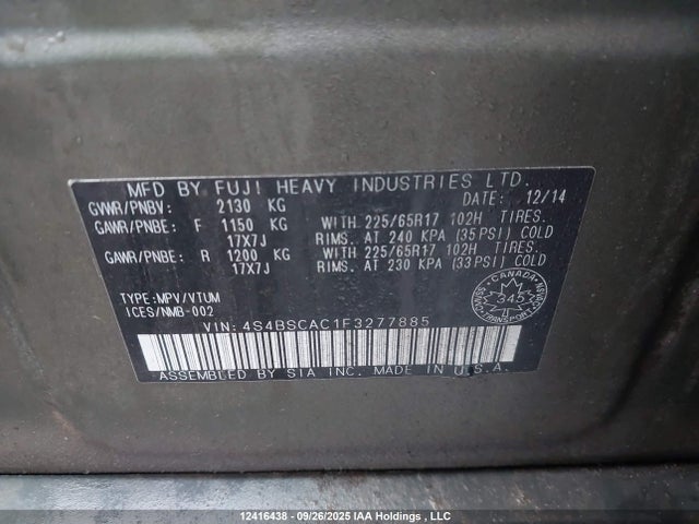 Subaru 2.5l c0 2015 4S4BSCAC1F3277885 Image 9