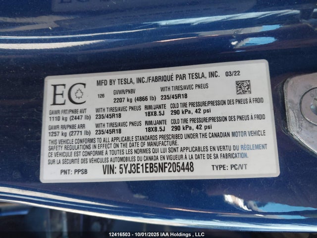 5YJ3E1EB5NF205448 Tesla MODEL 3