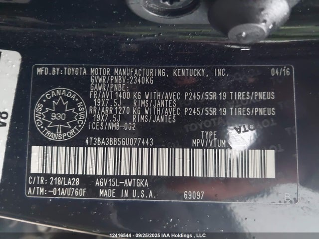 Toyota 1ar-fe 2016 4T3BA3BB5GU077443 Image 9