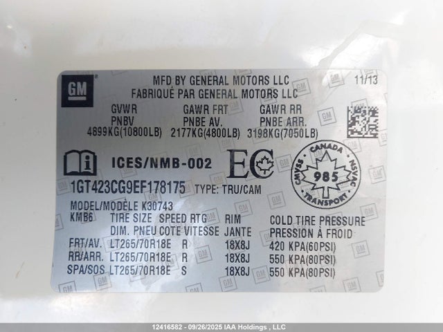12416582 :رقم المزاد ، 1GT423CG9EF178175 vin ، 2014 Gmc Sierra 3500hd Sle مزاد بيع