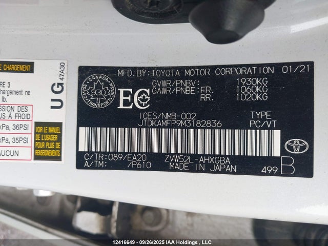 JTDKAMFP9M3182836 Toyota 2zr-fxe, 1nm+1sm