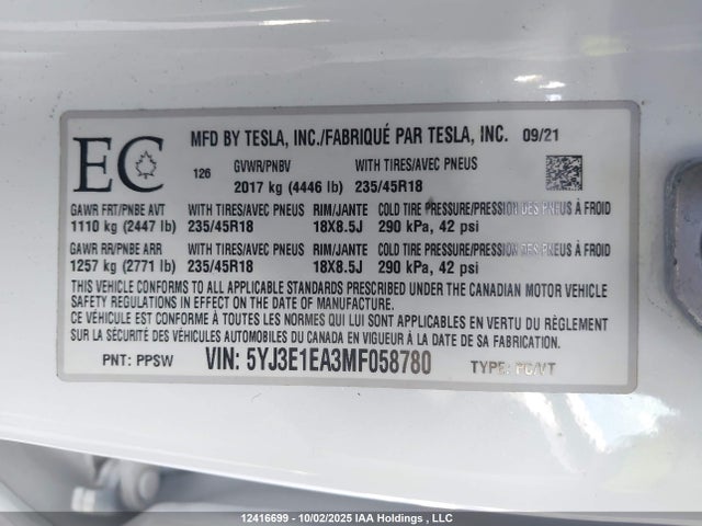 Tesla MODEL 3 2021 5YJ3E1EA3MF058780 Image 9