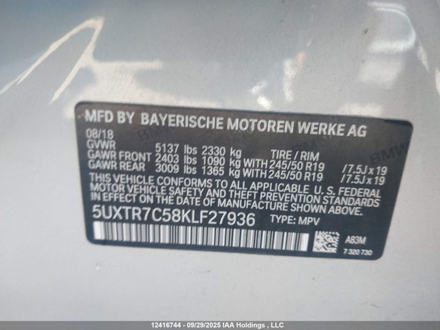 BMW X3 2019 5UXTR7C58KLF27936 Image 9