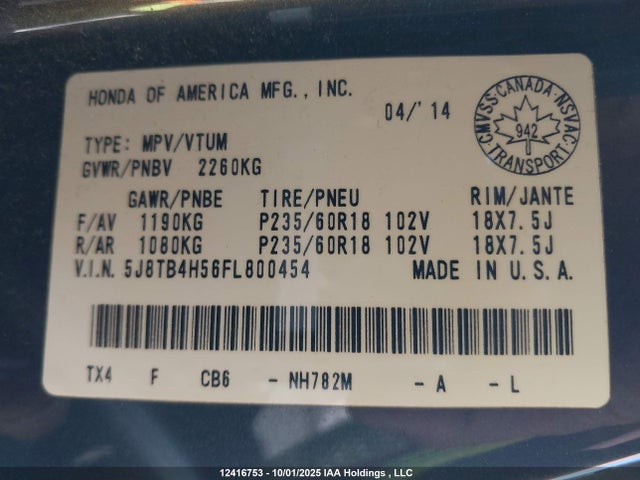 Acura j35z2 2015 5J8TB4H56FL800454 Image 9