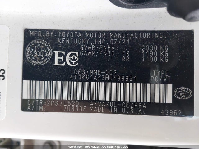 4T1K61AK3MU488951 Toyota a25a-fks