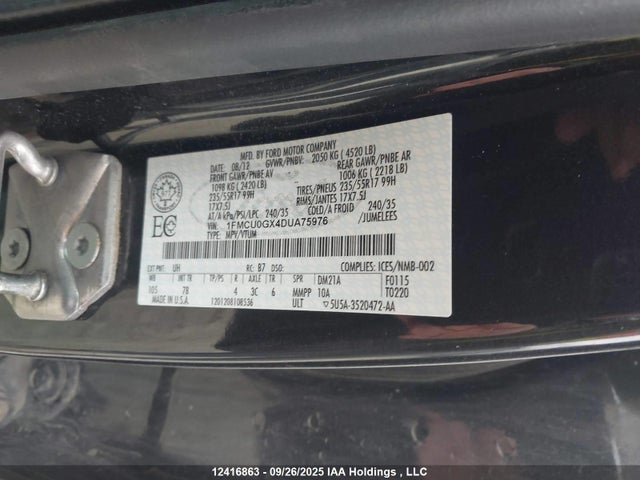 12416863 :رقم المزاد ، 1FMCU0GX4DUA75976 vin ، 2013 Ford Escape Se مزاد بيع