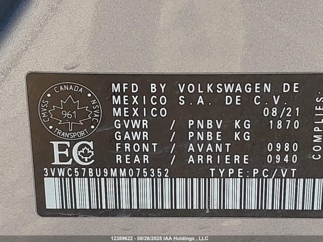 3VWC57BU9MM075352 Volkswagen tsi