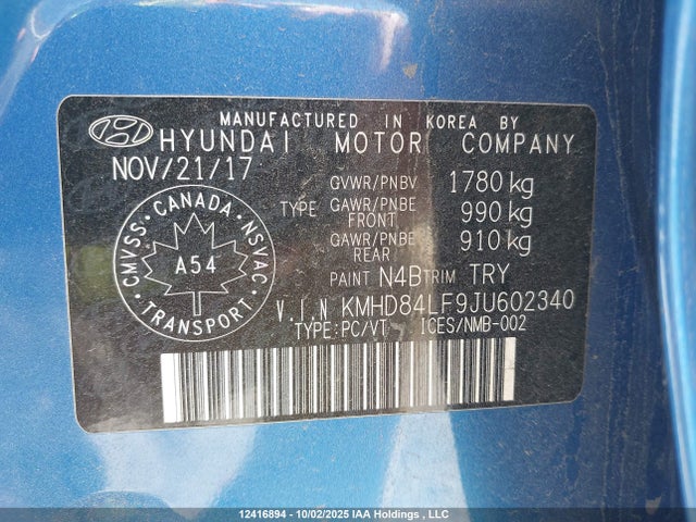 KMHD84LF9JU602340 Hyundai Elantra