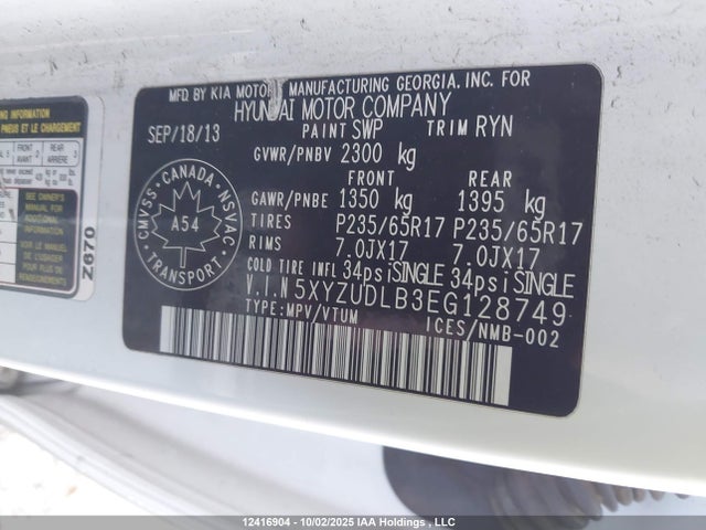 5XYZUDLB3EG128749 Hyundai gdi theta