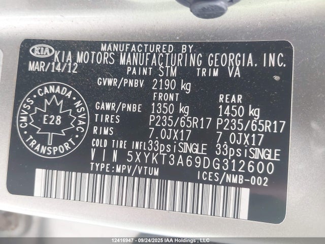 Aukcja sprzedaży 2013 Kia Sorento, vin: 5XYKT3A69DG312600, numer aukcji: 12416947