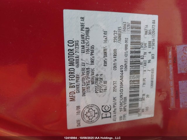 2009 Ford Escape მანქანა იყიდება აუქციონზე, vin: 1FMCU93G39KA84410, აუქციონის ნომერი: 12416984