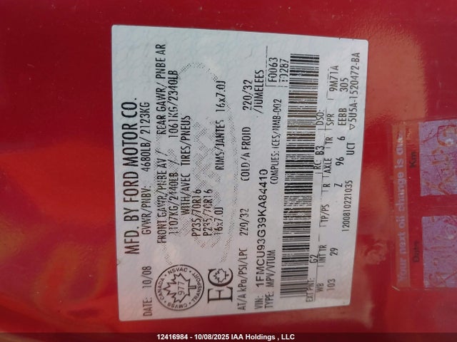 2009 Ford Escape მანქანა იყიდება აუქციონზე, vin: 1FMCU93G39KA84410, აუქციონის ნომერი: 12416984
