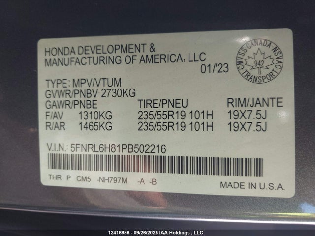 5FNRL6H81PB502216 Honda j35y7