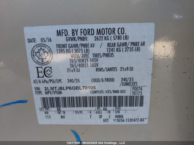 Lincoln gtdi 2016 2LMTJ8LP6GBL70105 Image 9