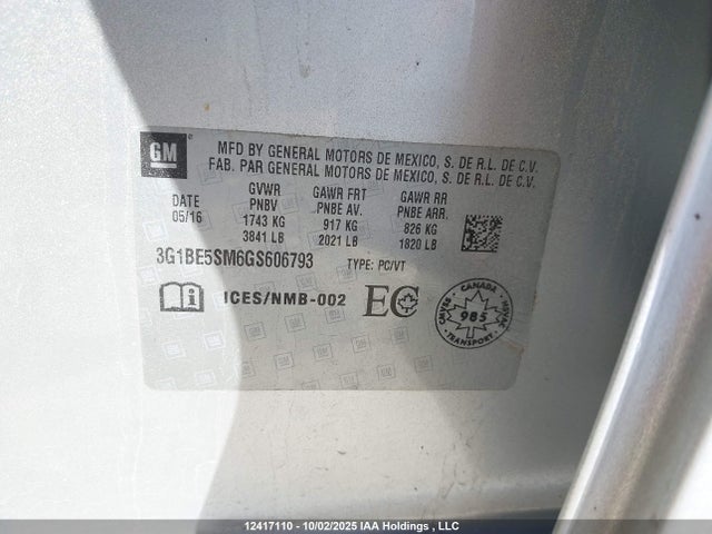 3G1BE5SM6GS606793 Chevrolet le2 - di: direct injection, alum, vvt, gen i, gmna