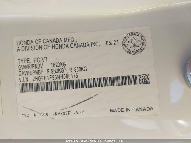 Honda l15b7 2022 2HGFE1F96NH000175 Image 9