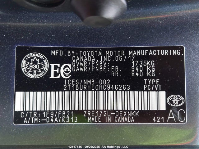 Toyota 2zr-fe 2017 2T1BURHE0HC946263 Image 9