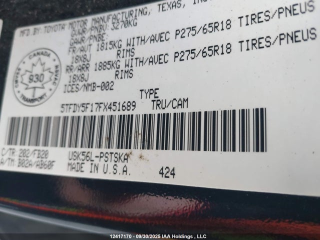 Toyota 3ur-fbe 2015 5TFDY5F17FX451689 Image 9