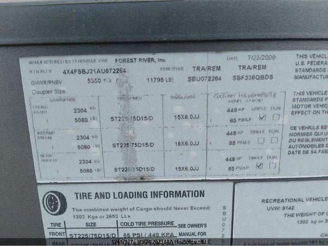 Auction sale of the 2010 Forest River Salem, vin: 4X4FSBJ21AU072264, lot number: 12417177